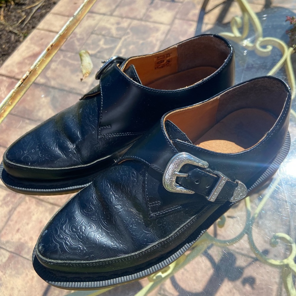 Dr Martens black leather paisley pattern loafers / shoes with silver buckle sz 7